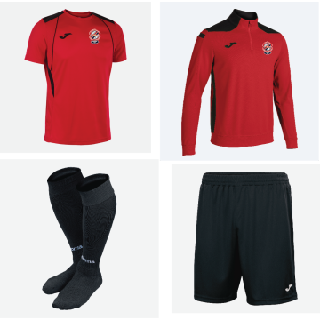 ST.COLUMBANS PACK 3, 1/4 Zip 101952.601, T-Shirt Red/Black 103081.601, Short 100053.100, Socks 400054.100 With St.Columbans FC Crest on Tee